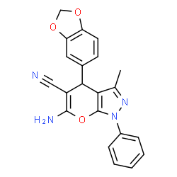 ChemSpider 2D Image | 6-Amino-4-(1,3-benzodioxol-5-yl)-3-methyl-1-phenyl-1,4-dihydropyrano[2,3-c]pyrazole-5-carbonitrile | C21H16N4O3