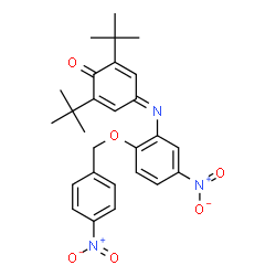 ChemSpider 2D Image | 2,6-Bis(2-methyl-2-propanyl)-4-({5-nitro-2-[(4-nitrobenzyl)oxy]phenyl}imino)-2,5-cyclohexadien-1-one | C27H29N3O6