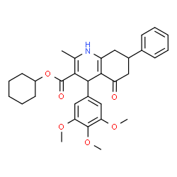 ChemSpider 2D Image | Cyclohexyl 2-methyl-5-oxo-7-phenyl-4-(3,4,5-trimethoxyphenyl)-1,4,5,6,7,8-hexahydro-3-quinolinecarboxylate | C32H37NO6