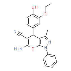 ChemSpider 2D Image | 6-amino-4-(3-ethoxy-4-hydroxyphenyl)-3-methyl-1-phenyl-4H-pyrano[2,3-c]pyrazole-5-carbonitrile | C22H20N4O3