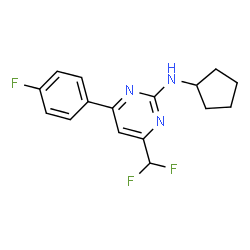 ChemSpider 2D Image | N-Cyclopentyl-4-(difluoromethyl)-6-(4-fluorophenyl)-2-pyrimidinamine | C16H16F3N3