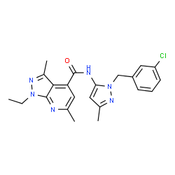 ChemSpider 2D Image | N-[1-(3-Chlorobenzyl)-3-methyl-1H-pyrazol-5-yl]-1-ethyl-3,6-dimethyl-1H-pyrazolo[3,4-b]pyridine-4-carboxamide | C22H23ClN6O