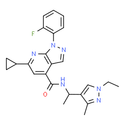 ChemSpider 2D Image | 6-Cyclopropyl-N-[1-(1-ethyl-3-methyl-1H-pyrazol-4-yl)ethyl]-1-(2-fluorophenyl)-1H-pyrazolo[3,4-b]pyridine-4-carboxamide | C24H25FN6O
