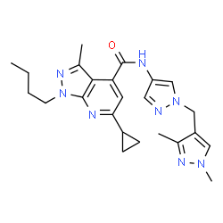 ChemSpider 2D Image | 1-Butyl-6-cyclopropyl-N-{1-[(1,3-dimethyl-1H-pyrazol-4-yl)methyl]-1H-pyrazol-4-yl}-3-methyl-1H-pyrazolo[3,4-b]pyridine-4-carboxamide | C24H30N8O