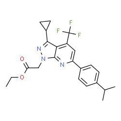 ChemSpider 2D Image | Ethyl [3-cyclopropyl-6-(4-isopropylphenyl)-4-(trifluoromethyl)-1H-pyrazolo[3,4-b]pyridin-1-yl]acetate | C23H24F3N3O2