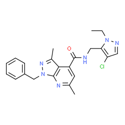 ChemSpider 2D Image | 1-Benzyl-N-[(4-chloro-1-ethyl-1H-pyrazol-5-yl)methyl]-3,6-dimethyl-1H-pyrazolo[3,4-b]pyridine-4-carboxamide | C22H23ClN6O