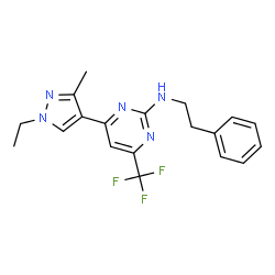 ChemSpider 2D Image | 4-(1-Ethyl-3-methyl-1H-pyrazol-4-yl)-N-(2-phenylethyl)-6-(trifluoromethyl)-2-pyrimidinamine | C19H20F3N5