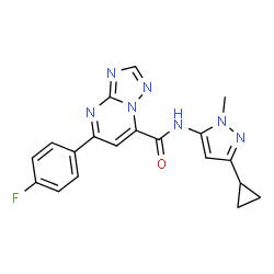 ChemSpider 2D Image | N-(3-Cyclopropyl-1-methyl-1H-pyrazol-5-yl)-5-(4-fluorophenyl)[1,2,4]triazolo[1,5-a]pyrimidine-7-carboxamide | C19H16FN7O