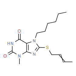 ChemSpider 2D Image | 8-(2-Buten-1-ylsulfanyl)-7-hexyl-3-methyl-3,7-dihydro-1H-purine-2,6-dione | C16H24N4O2S