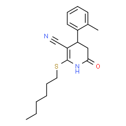 ChemSpider 2D Image | 2-(Hexylsulfanyl)-4-(2-methylphenyl)-6-oxo-1,4,5,6-tetrahydro-3-pyridinecarbonitrile | C19H24N2OS