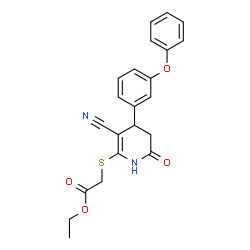 ChemSpider 2D Image | Ethyl {[3-cyano-6-oxo-4-(3-phenoxyphenyl)-1,4,5,6-tetrahydro-2-pyridinyl]sulfanyl}acetate | C22H20N2O4S