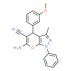 ChemSpider 2D Image | 6-Amino-4-(3-methoxyphenyl)-3-methyl-1-phenyl-1,4-dihydropyrano[2,3-c]pyrazole-5-carbonitrile | C21H18N4O2