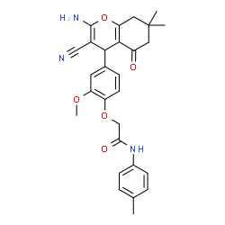 ChemSpider 2D Image | 2-(4-(2-Amino-3-cyano-7,7-dimethyl-5-oxo-5,6,7,8-tetrahydro-4H-chromen-4-yl)-2-methoxyphenoxy)-N-(p-tolyl)acetamide | C28H29N3O5