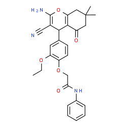 ChemSpider 2D Image | 2-(4-(2-Amino-3-cyano-7,7-dimethyl-5-oxo-5,6,7,8-tetrahydro-4H-chromen-4-yl)-2-ethoxyphenoxy)-N-phenylacetamide | C28H29N3O5