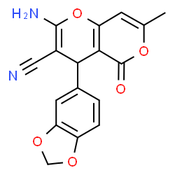 ChemSpider 2D Image | 2-Amino-4-(1,3-benzodioxol-5-yl)-7-methyl-5-oxo-4H,5H-pyrano[4,3-b]pyran-3-carbonitrile | C17H12N2O5