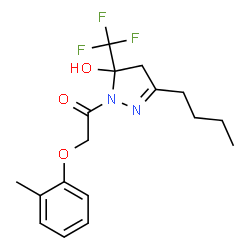 ChemSpider 2D Image | 1-[3-Butyl-5-hydroxy-5-(trifluoromethyl)-4,5-dihydro-1H-pyrazol-1-yl]-2-(2-methylphenoxy)ethanone | C17H21F3N2O3