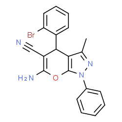 ChemSpider 2D Image | 6-Amino-4-(2-bromophenyl)-3-methyl-1-phenyl-1,4-dihydropyrano[2,3-c]pyrazole-5-carbonitrile | C20H15BrN4O