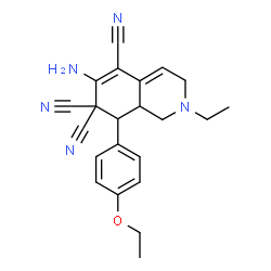 ChemSpider 2D Image | 6-Amino-8-(4-ethoxyphenyl)-2-ethyl-2,3,8,8a-tetrahydro-5,7,7(1H)-isoquinolinetricarbonitrile | C22H23N5O