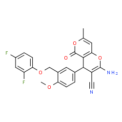 ChemSpider 2D Image | 2-Amino-4-{3-[(2,4-difluorophenoxy)methyl]-4-methoxyphenyl}-7-methyl-5-oxo-4H,5H-pyrano[4,3-b]pyran-3-carbonitrile | C24H18F2N2O5