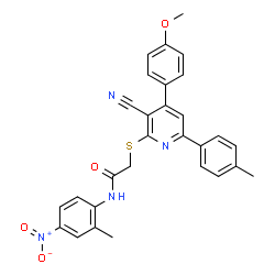 ChemSpider 2D Image | 2-{[3-Cyano-4-(4-methoxyphenyl)-6-(4-methylphenyl)-2-pyridinyl]sulfanyl}-N-(2-methyl-4-nitrophenyl)acetamide | C29H24N4O4S