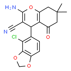 ChemSpider 2D Image | 2-Amino-4-(4-chloro-1,3-benzodioxol-5-yl)-7,7-dimethyl-5-oxo-5,6,7,8-tetrahydro-4H-chromene-3-carbonitrile | C19H17ClN2O4