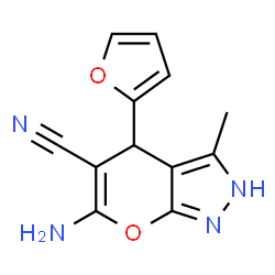 ChemSpider 2D Image | 6-amino-4-(furan-2-yl)-3-methyl-1H,4H-pyrano[2,3-c]pyrazole-5-carbonitrile | C12H10N4O2