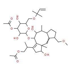ChemSpider 2D Image | 2-[4-{[3-O-Acetyl-6-O-(2-methyl-3-buten-2-yl)hexopyranosyl]oxy}-1,5-dihydroxy-9-(methoxymethyl)-6,10a-dimethyl-1,2,4,5,6,6a,7,8,9,10a-decahydrodicyclopenta[a,d][8]annulen-3-yl]propyl acetate | C36H56O12