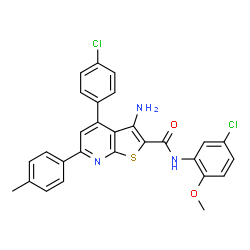 ChemSpider 2D Image | 3-Amino-N-(5-chloro-2-methoxyphenyl)-4-(4-chlorophenyl)-6-(4-methylphenyl)thieno[2,3-b]pyridine-2-carboxamide | C28H21Cl2N3O2S