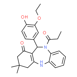 ChemSpider 2D Image | 11-(3-Ethoxy-4-hydroxyphenyl)-3,3-dimethyl-10-propionyl-2,3,4,5,10,11-hexahydro-1H-dibenzo[b,e][1,4]diazepin-1-one | C26H30N2O4
