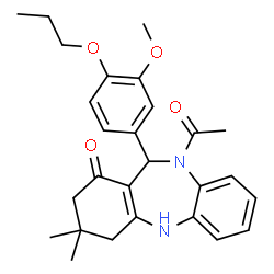 ChemSpider 2D Image | 10-Acetyl-11-(3-methoxy-4-propoxyphenyl)-3,3-dimethyl-2,3,4,5,10,11-hexahydro-1H-dibenzo[b,e][1,4]diazepin-1-one | C27H32N2O4