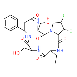 ChemSpider 2D Image | 17,18-Dichloro-3-ethyl-6,13-bis(hydroxymethyl)-9-phenyldodecahydropyrrolo[1,2-d][1,4,7,10,13]pentaazacyclohexadecine-1,4,7,11,14(8H)-pentone | C24H31Cl2N5O7