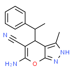 ChemSpider 2D Image | 6-Amino-3-methyl-4-(1-phenylethyl)-2,4-dihydropyrano[2,3-c]pyrazole-5-carbonitrile | C16H16N4O