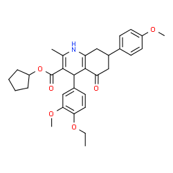ChemSpider 2D Image | Cyclopentyl 4-(4-ethoxy-3-methoxyphenyl)-7-(4-methoxyphenyl)-2-methyl-5-oxo-1,4,5,6,7,8-hexahydro-3-quinolinecarboxylate | C32H37NO6