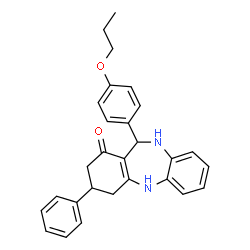 ChemSpider 2D Image | 3-Phenyl-11-(4-propoxyphenyl)-2,3,4,5,10,11-hexahydro-1H-dibenzo[b,e][1,4]diazepin-1-one | C28H28N2O2