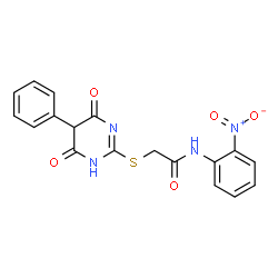 ChemSpider 2D Image | 2-[(4,6-Dioxo-5-phenyl-1,4,5,6-tetrahydro-2-pyrimidinyl)sulfanyl]-N-(2-nitrophenyl)acetamide | C18H14N4O5S