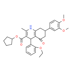 ChemSpider 2D Image | Cyclopentyl 7-(3,4-dimethoxyphenyl)-4-(2-ethoxyphenyl)-2-methyl-5-oxo-1,4,5,6,7,8-hexahydro-3-quinolinecarboxylate | C32H37NO6
