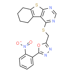 ChemSpider 2D Image | 4-({[5-(2-Nitrophenyl)-1,3,4-oxadiazol-2-yl]methyl}sulfanyl)-5,6,7,8-tetrahydro[1]benzothieno[2,3-d]pyrimidine | C19H15N5O3S2