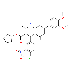 ChemSpider 2D Image | Cyclopentyl 4-(4-chloro-3-nitrophenyl)-7-(3,4-dimethoxyphenyl)-2-methyl-5-oxo-1,4,5,6,7,8-hexahydro-3-quinolinecarboxylate | C30H31ClN2O7