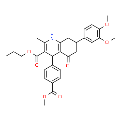 ChemSpider 2D Image | Propyl 7-(3,4-dimethoxyphenyl)-4-[4-(methoxycarbonyl)phenyl]-2-methyl-5-oxo-1,4,5,6,7,8-hexahydro-3-quinolinecarboxylate | C30H33NO7