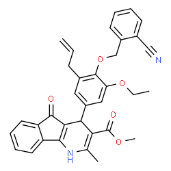 ChemSpider 2D Image | Methyl 4-{3-allyl-4-[(2-cyanobenzyl)oxy]-5-ethoxyphenyl}-2-methyl-5-oxo-4,5-dihydro-1H-indeno[1,2-b]pyridine-3-carboxylate | C34H30N2O5
