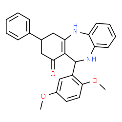 ChemSpider 2D Image | 11-(2,5-Dimethoxyphenyl)-3-phenyl-2,3,4,5,10,11-hexahydro-1H-dibenzo[b,e][1,4]diazepin-1-one | C27H26N2O3