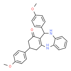 ChemSpider 2D Image | 3,11-Bis(4-methoxyphenyl)-2,3,4,5,10,11-hexahydro-1H-dibenzo[b,e][1,4]diazepin-1-one | C27H26N2O3