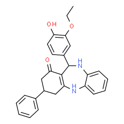 ChemSpider 2D Image | 11-(3-Ethoxy-4-hydroxyphenyl)-3-phenyl-2,3,4,5,10,11-hexahydro-1H-dibenzo[b,e][1,4]diazepin-1-one | C27H26N2O3