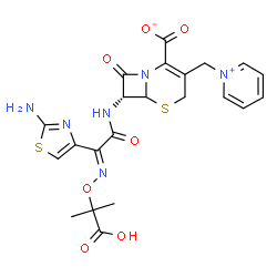 ChemSpider 2D Image | (7R)-7-{[(2E)-2-(2-Amino-1,3-thiazol-4-yl)-2-{[(2-carboxy-2-propanyl)oxy]imino}acetyl]amino}-8-oxo-3-(1-pyridiniumylmethyl)-5-thia-1-azabicyclo[4.2.0]oct-2-ene-2-carboxylate | C22H22N6O7S2