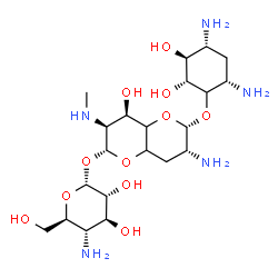 ChemSpider 2D Image | (2R,3S,4R,6S,7R)-7-Amino-6-{[(2R,3S,4R,6S)-4,6-diamino-2,3-dihydroxycyclohexyl]oxy}-4-hydroxy-3-(methylamino)octahydropyrano[3,2-b]pyran-2-yl 4-amino-4-deoxy-alpha-D-glucopyranoside | C21H41N5O11