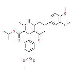ChemSpider 2D Image | Isopropyl 7-(3,4-dimethoxyphenyl)-4-[4-(methoxycarbonyl)phenyl]-2-methyl-5-oxo-1,4,5,6,7,8-hexahydro-3-quinolinecarboxylate | C30H33NO7