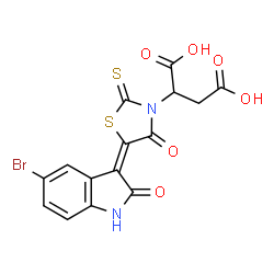 ChemSpider 2D Image | 2-[(5E)-5-(5-Bromo-2-oxo-1,2-dihydro-3H-indol-3-ylidene)-4-oxo-2-thioxo-1,3-thiazolidin-3-yl]succinic acid | C15H9BrN2O6S2