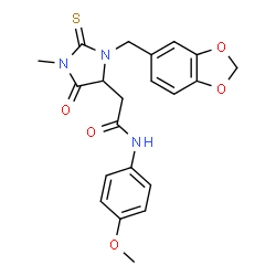 ChemSpider 2D Image | 2-[3-(1,3-Benzodioxol-5-ylmethyl)-1-methyl-5-oxo-2-thioxo-4-imidazolidinyl]-N-(4-methoxyphenyl)acetamide | C21H21N3O5S