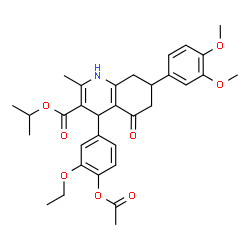 ChemSpider 2D Image | Isopropyl 4-(4-acetoxy-3-ethoxyphenyl)-7-(3,4-dimethoxyphenyl)-2-methyl-5-oxo-1,4,5,6,7,8-hexahydro-3-quinolinecarboxylate | C32H37NO8
