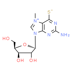 ChemSpider 2D Image | 2-Amino-7-methyl-9-[(2xi)-beta-D-threo-pentofuranosyl]-9H-purin-7-ium-6-thiolate | C11H15N5O4S